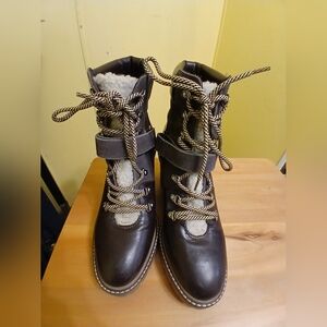 Women Kensie Zahara Faux Shearling Trim Block Heel Bootie In Dark Grey And Brown